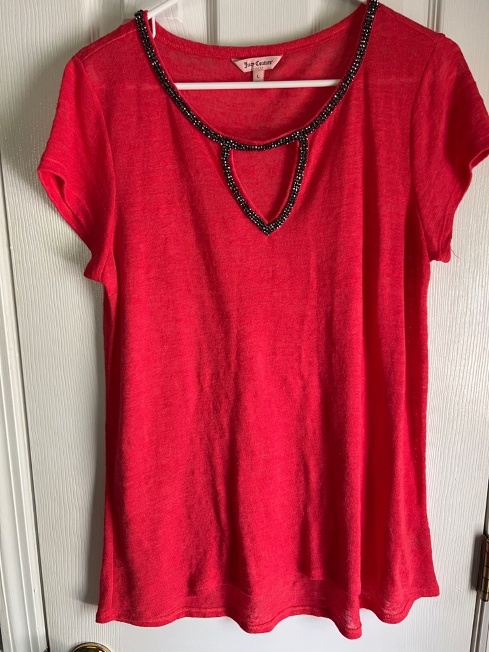 Juicy Couture Coral Short-Sleeve Scoop Neck Top with Black Beaded Trim